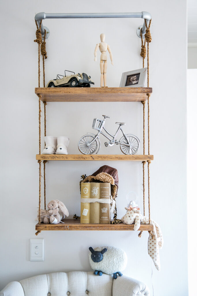 Sebastian Rope Shelf styled in Baby Belle founder Pascale Cilliers’ nursery, featuring vintage toys and heirloom accents